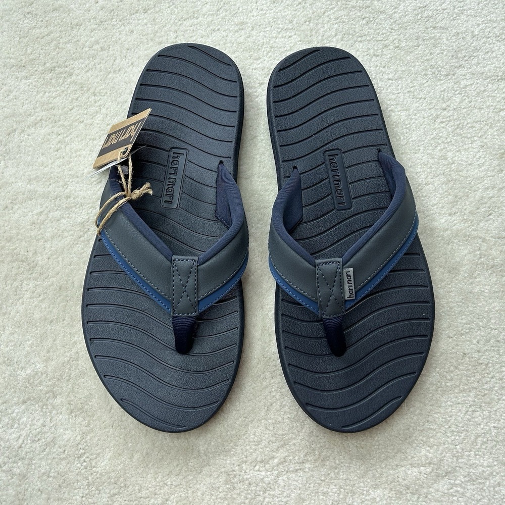 Hari Mari Flip Flops Men's 9 Sandals Brazos II Thong Navy Gray Memory Foam